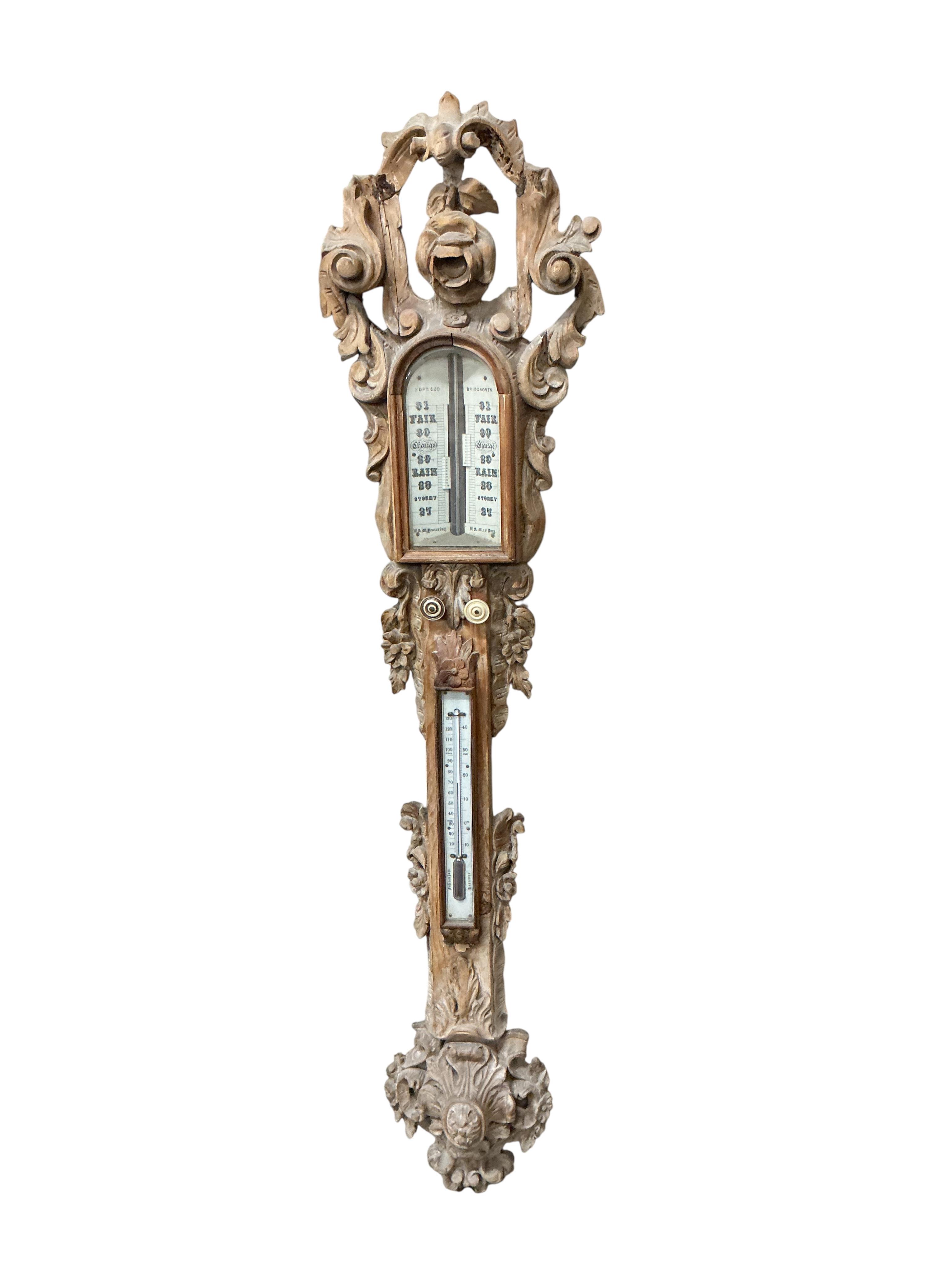 A Victorian elaborately carved pine stick barometer / thermometer by Hepwood of Bridgnorth, height 126cm